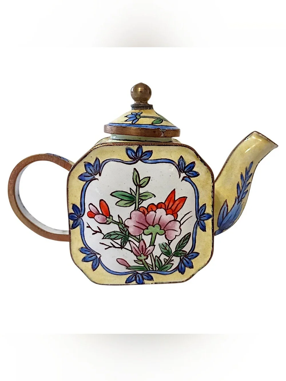 Vtg MINI Enameled Floral Teapot Chinoiserie Cloisonne Bloomcore Cottage Diorama